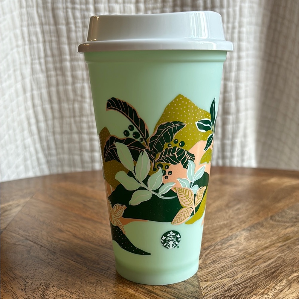 Starbucks 16 oz. Mint Green Plastic Tumbler with Botanical Art